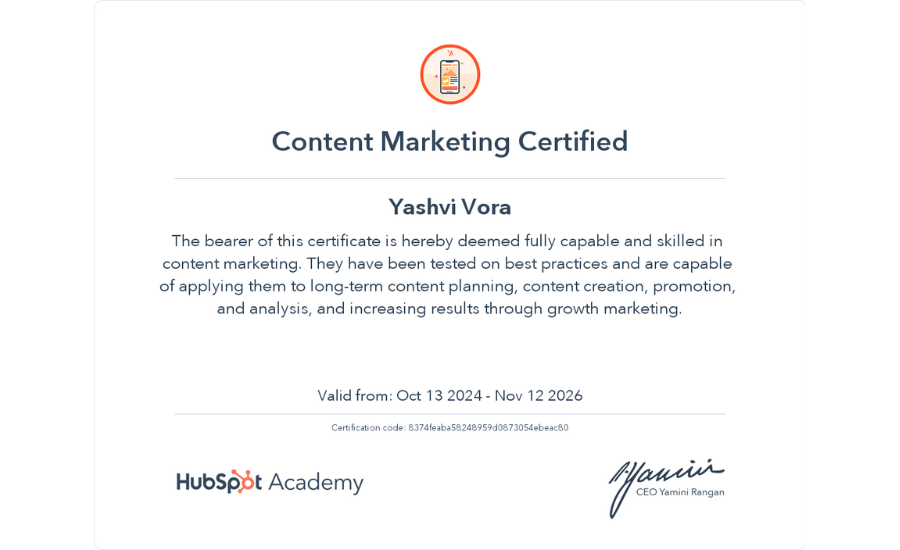 certificate of content marketing