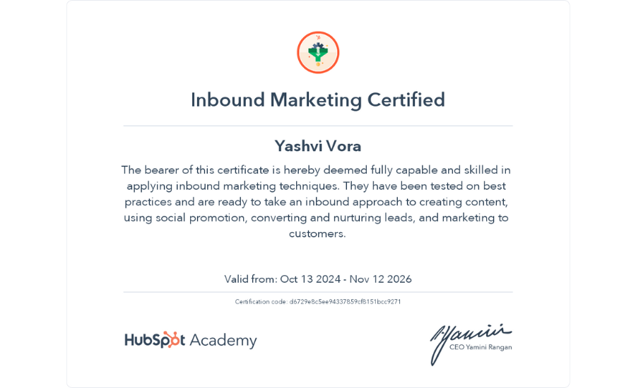 certificate awarded for inbound marketing